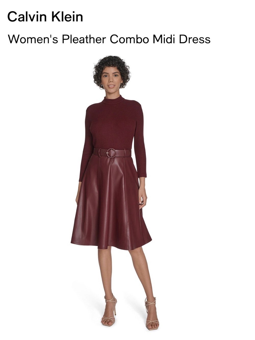 Calvin Klein Burgundy Pleather Combo Midi Skirt Dress *No Belt*